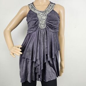 Studio Y Gray Knit Blouse Beaded Sequin Ruffled  Dark Romantic Whimsigoth